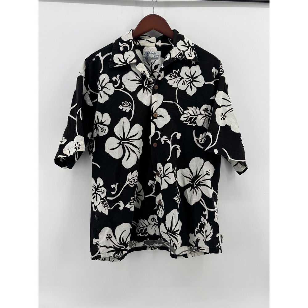 Toes on the Nose Mens Large Hawaiian Shirt Black White Hibiscus Floral Cotton